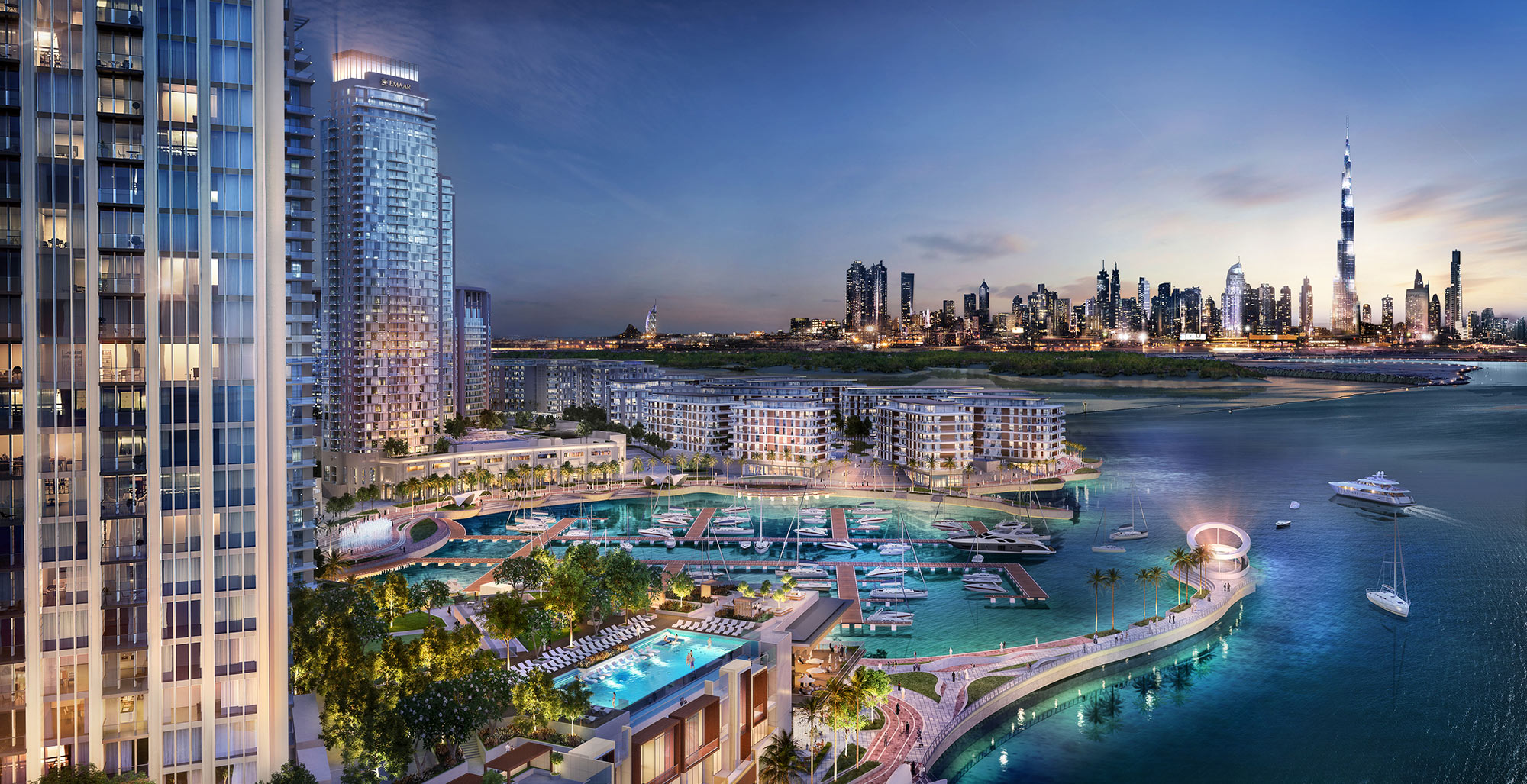 Dubai Creek Harbour marina and skyline with the Burj Khalifa at sunset by Emaar