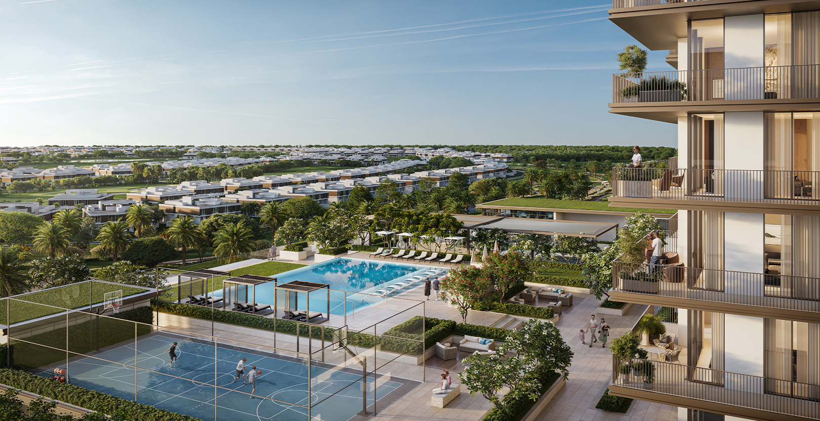 Greencrest, Dubai Hills Estate — terraces over the greens